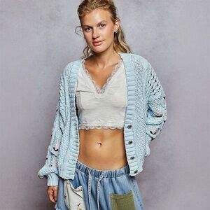 POL Bohemian Pale Blue Chenille Embroidered Flower Cardigan Sweater S M L